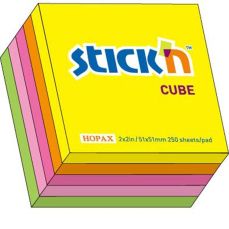 Notes autoadeziv cub 50mm x 50mm, 250 file/set, 5 culori neon, Stick'n, HO-21203