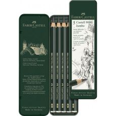 Creioane grafit, in cutie metal, 5 buc/set, Castell 9000 Jumbo, Faber Castell-FC119305