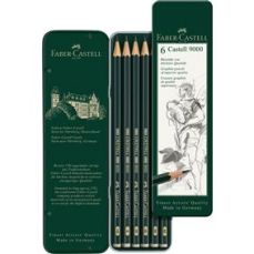 Creioane grafit, in cutie metal, 6 buc/set, Castell 9000, Faber Castell-FC119063