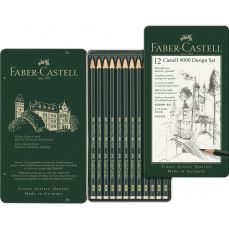 Creioane grafit, in cutie metal, 12 buc/set, Design, Castell 9000, Faber Castell-FC119064