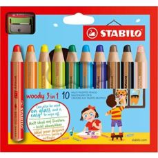Creioane colorate 10culori/set si o ascutitoare, Woody 3 in 1 Stabilo