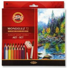 Creioane colorate acuarela, 72culori/set + ascutitoare + 2pensule, Mondeluz Aquarell, Koh-I-Noor K37