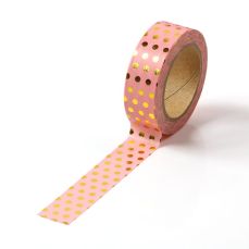 Banda adeziva color 15mm x 10m, roz cu buline aurii, Washi
