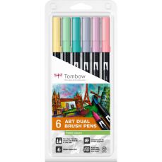 Marker dual brush, 2 varfuri, 6buc/set, Watercoloring ABT Pastel Colours Tombow